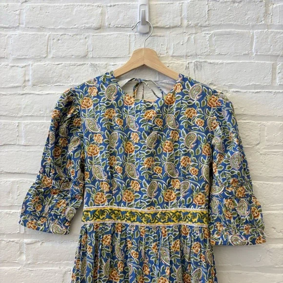 Madison Mathews || Perrin Maxi Dress Open Bsck Block Print Floral Tassels Blue S - Picture 3 of 12